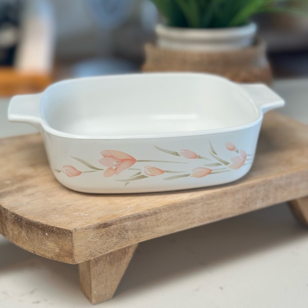Vintage 1984 Corning Ware White Dish with Pink Floral Design